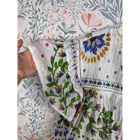 Farm Rio Summer Garden Blouse White Floral Embroidered Flowy Top Women’s XS Boho - Picture 6 of 13